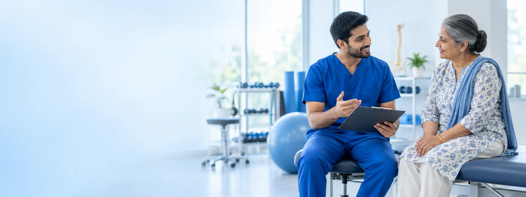 Physiotherapist discussing a personalized care plan with an older woman in a bright clinic