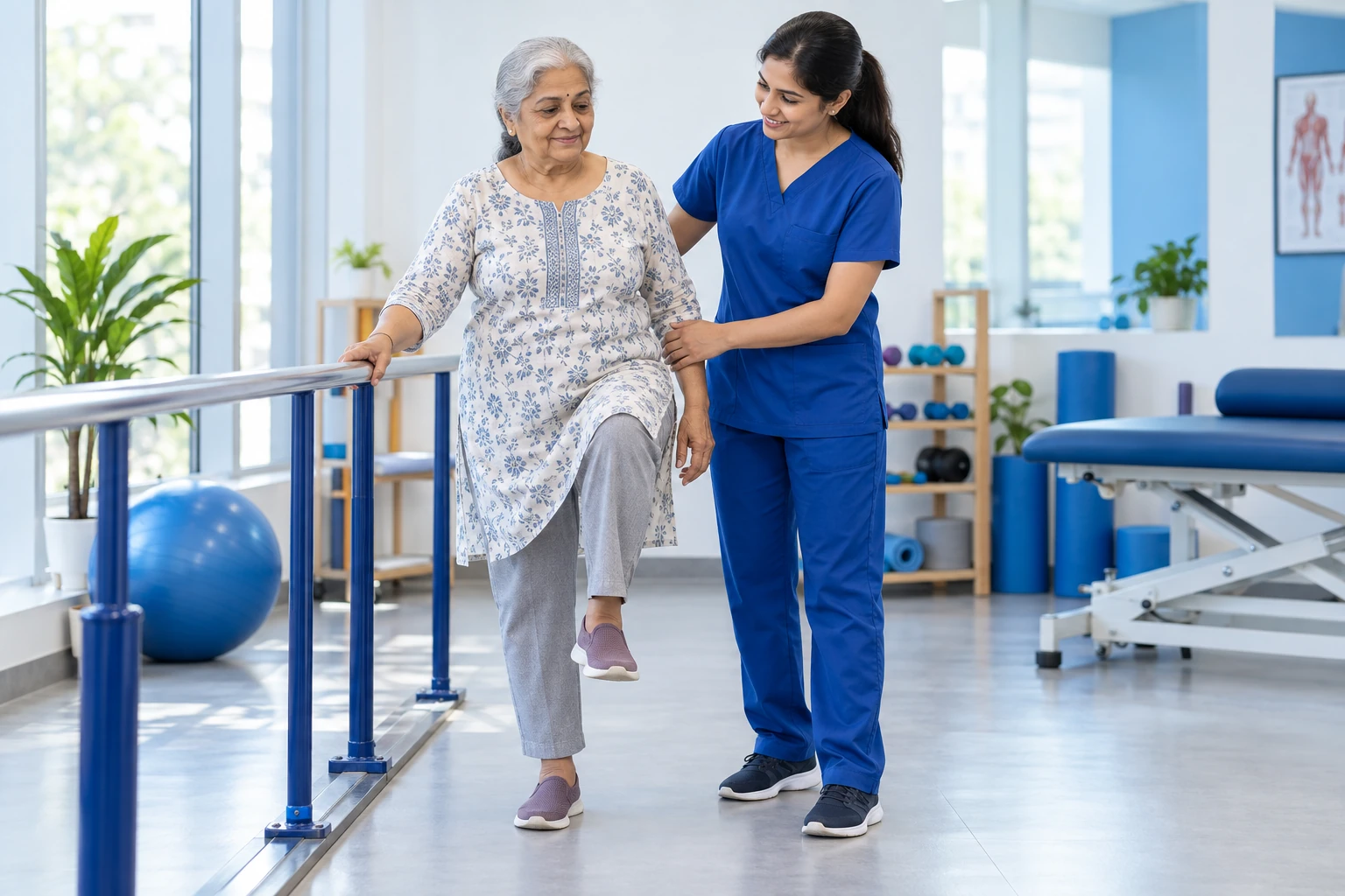 Physiotherapist supporting an older woman during a balance exercise in a bright blue and white clinic