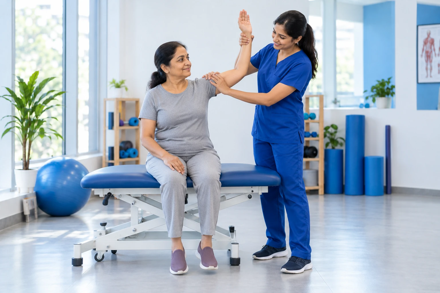 Physiotherapist performing a gentle hands-on shoulder mobility assessment