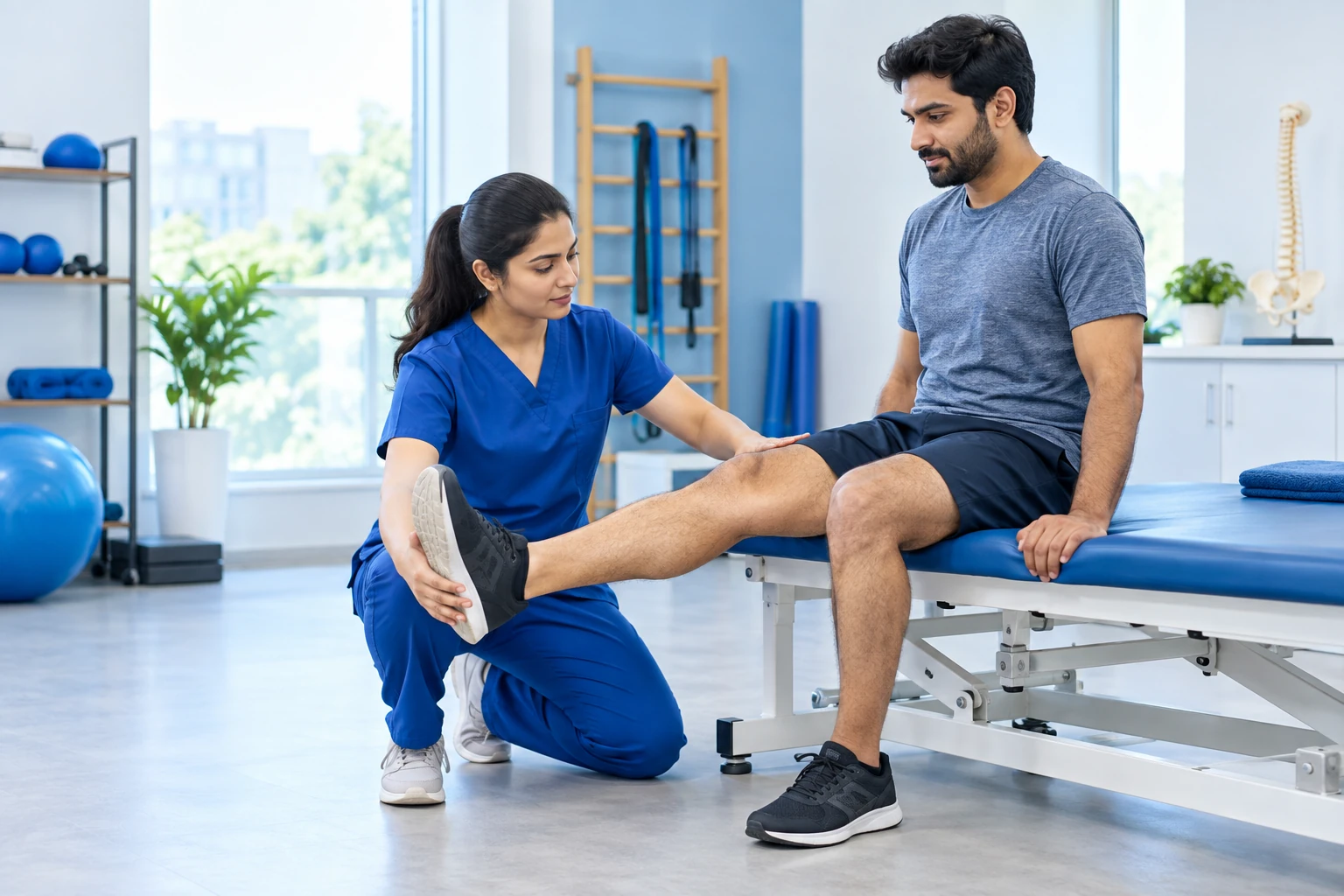 Physiotherapist guiding a seated patient through a knee extension exercise