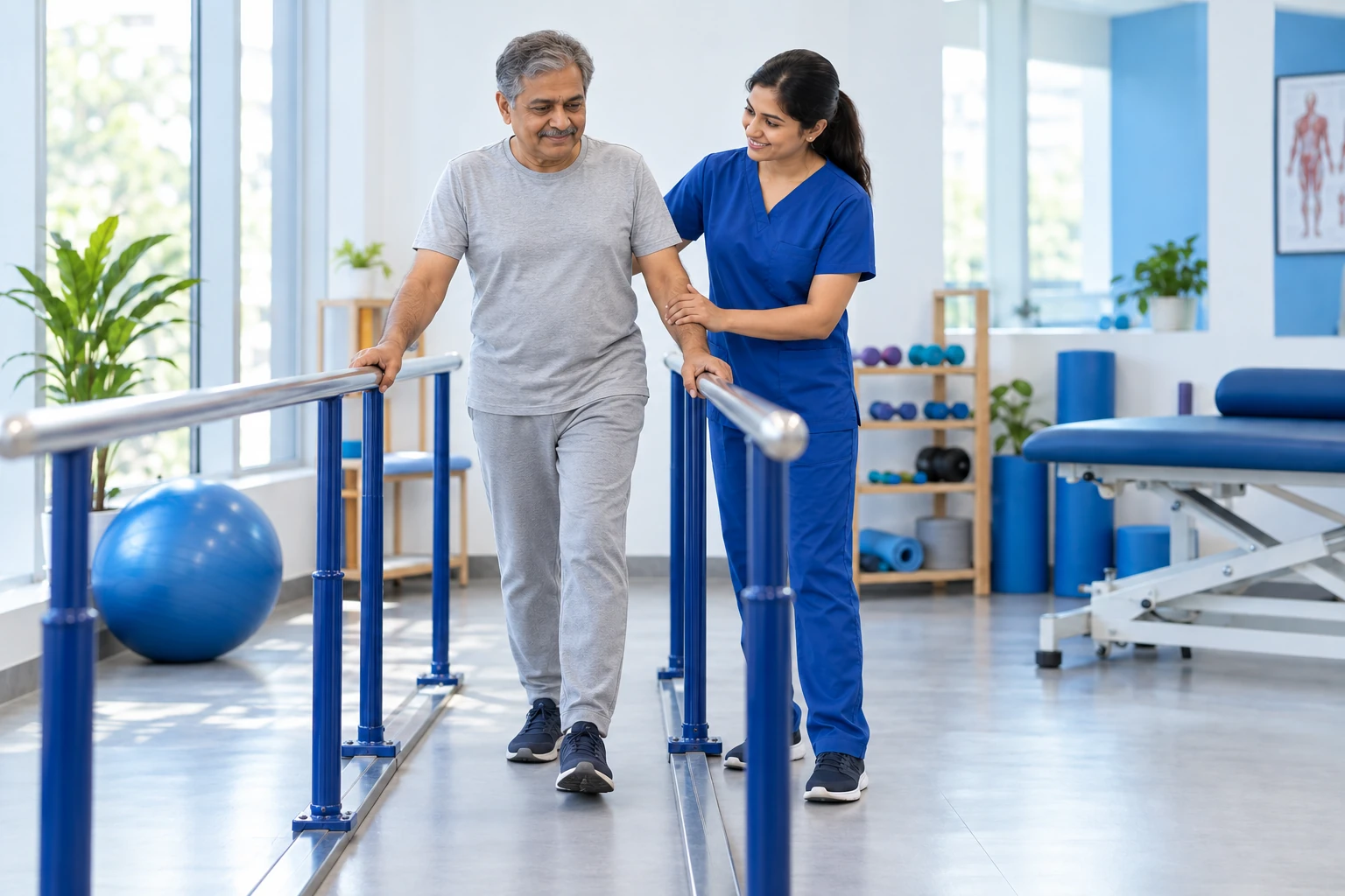 Physiotherapist supporting a patient practicing walking between parallel bars