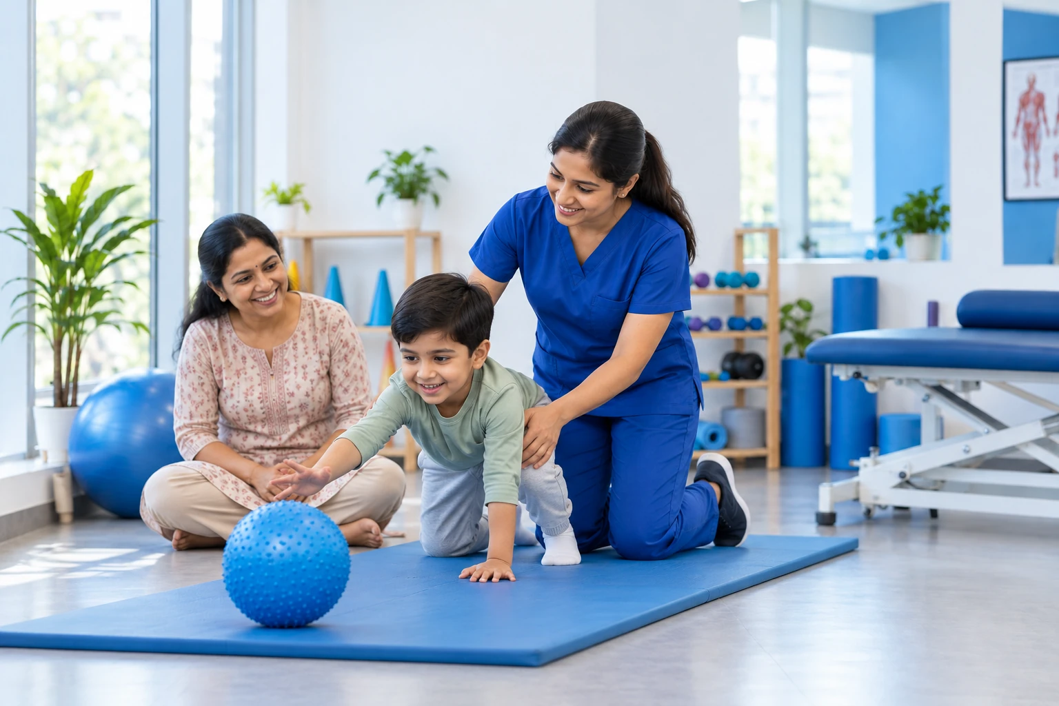 Physiotherapist guiding a child through a playful reaching exercise with a parent nearby