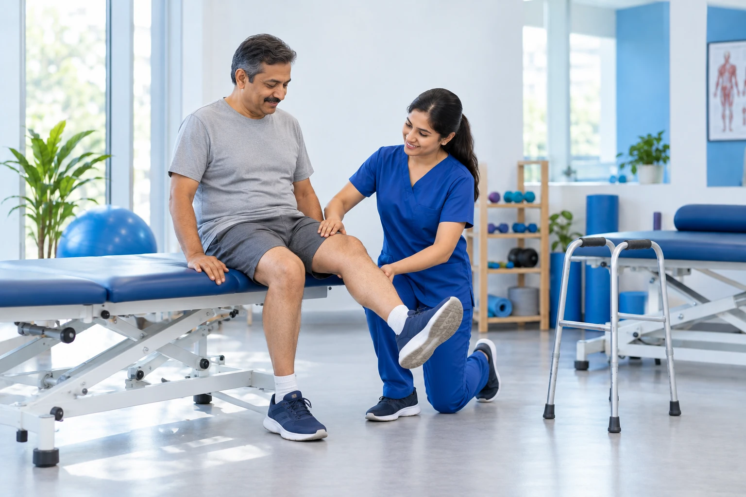 Physiotherapist supporting a seated patient during gentle knee rehabilitation