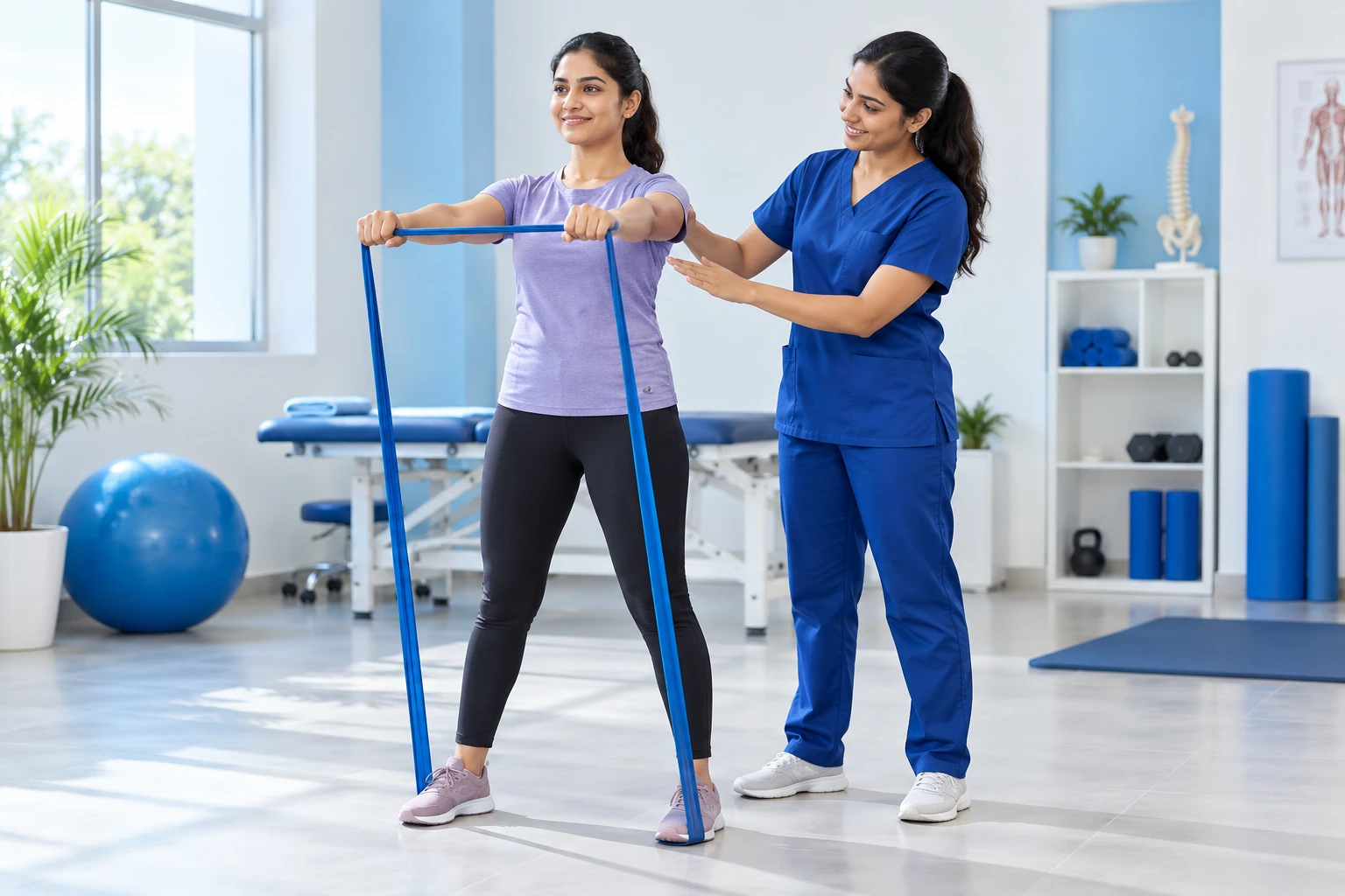 Physiotherapist guiding a woman through a resistance band exercise