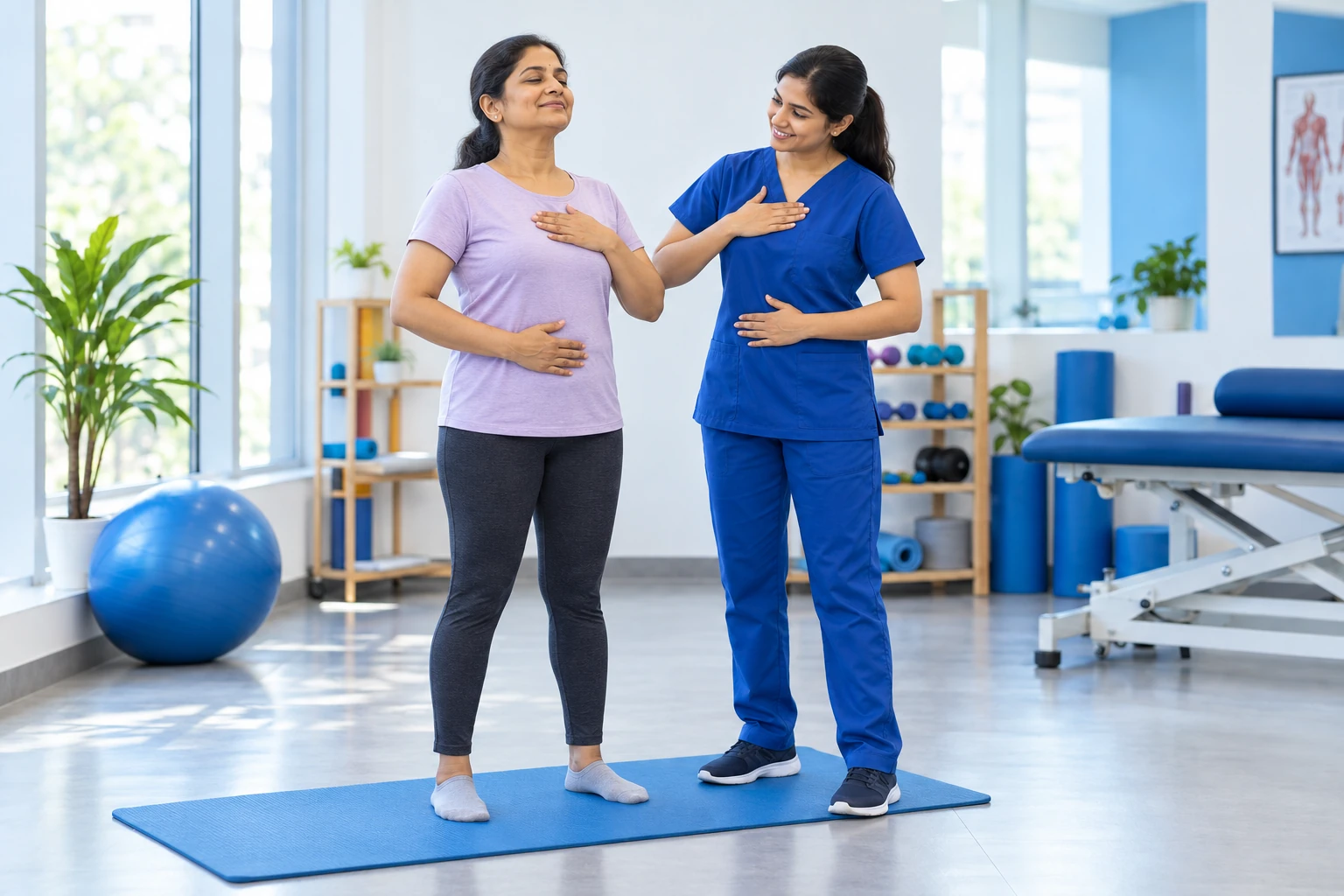 Female physiotherapist guiding a woman through a gentle posture and breathing exercise